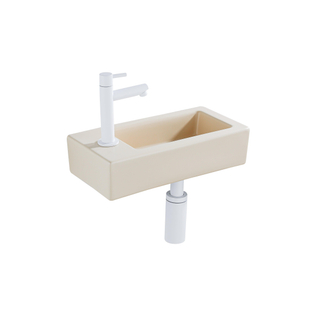 QeramiQ Lave-mains Kit lave-mains - 37.5x18.5x9cm - céramique - trou de robinet gauche - robinet lave-mains mat blanc - bonde de vidage - siphon abaissé - Mat Beige