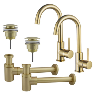 FugaFlow Eccelente Sobrado Kit robinet lavabo - pour double vasque - robinet haut - bec rotatif - bonde clic clac - siphon design bas - Laiton brossé PVD