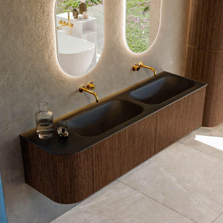 MONDIAZ KURVE 165cm Meuble salle de bain avec module 25 G - couleur Walnut - 2 tiroirs - 1 porte - vasque BIG SMALL double / droite - sans trous de robinet - Urban