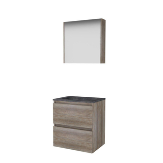 Basic-Line Comfort 46 ensemble de meubles de salle de bain 60x46cm sans poignée 2 tiroirs en pierre dure lavabo 0 trous de robinetterie armoire de toilette mfc scotch oak