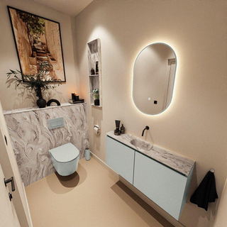 MONDIAZ TURE-DLUX Meuble toilette - 100cm - Greey - EDEN - vasque Glace - position centrale - sans trou de robinet