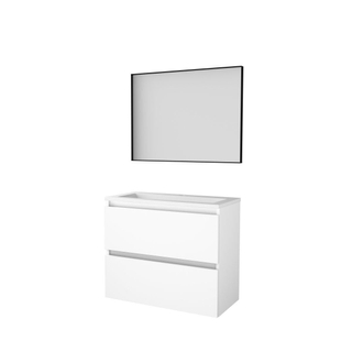 Basic-Line ensemble meuble de salle de bain 39 encadré 80x39cm sans poignée 2 tiroirs vasque acrylique 1 trou de robinetterie miroir noir mat cadre aluminium sur tout le pourtour mdf laqué blanc glacier