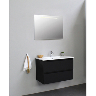 Basic Bella Badkamermeubelset - 80x55x46cm - 1 wasbak - Keramiek - Wit - 1 kraangat - Wandspiegel met verlichting - Melamine Zwart mat