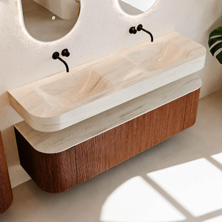 MONDIAZ THOR-DLUX 160cm meuble de salle de bains arrondi gauche + droite couleur Ruby avec 1 tiroir et 2 portes. Vasque suspendue CLOUD Double sans trou de robinet couleur Meli.