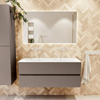 Mondiaz VICA ensemble de meuble de salle de bain - 120cm - meuble sous-vasque fumée - 2 tiroirs - lavabo lune double - sans trous de robinet - couleur talc - miroir LED - version XL 60cm de haut