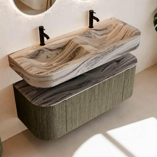 MONDIAZ THOR-DLUX Meuble de salle de bains 120cm arrondi gauche + droite couleur Shadow avec 1 tiroir et 2 portes. Vasque suspendue CLOUD Double 2 trous de robinet couleur Sombra.