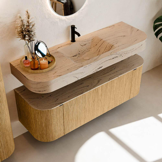 MONDIAZ THOR-DLUX 140cm meuble de salle de bains arrondi gauche + droite couleur Oak avec 1 tiroir et 2 portes. Vasque suspendue CLOUD Milieu 1 trou de robinet couleur Arena.