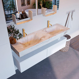 Mondiaz ALAN-DLUX Ensemble de meuble - 150cm - meuble Talc mat - 2 tiroirs - Lavabo Cloud Frappe suspendu - vasque Gauche et droite - 2 trous de robinet