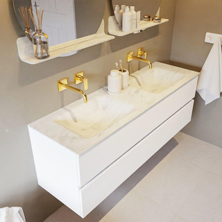 Mondiaz VICA-DLUX ensemble de meuble de salle de bain - 150cm - meuble sous-vasque talc - 2 tiroirs - lavabo encastré cloud double - sans trous de robinet - version haute de 60cm - opalo