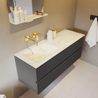 Mondiaz VICA-DLUX ensemble de meuble de salle de bain - 130cm - meuble sous-vasque gris foncé - 2 tiroirs - lavabo encastré cloud gauche - sans trous de robinet - version haute de 60cm - opalo