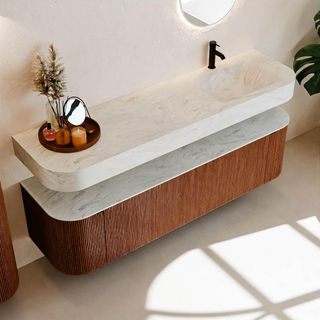 MONDIAZ THOR-DLUX 170cm meuble de salle de bains arrondi gauche + droite couleur Ruby avec 1 tiroir et 2 portes. Vasque suspendue CLOUD Droite 1 trou de robinet couleur Opalo.