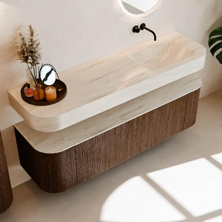 MONDIAZ THOR-DLUX 160cm meuble de salle de bains arrondi gauche + droite couleur Walnut avec 1 tiroir et 2 portes. Vasque suspendue CLOUD Droite sans trou de robinet couleur Meli.