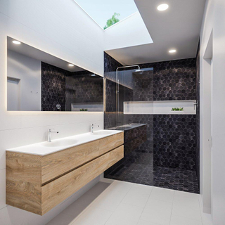 MONDIAZ VICA Ensemble de meuble salle de bain - 200cm - 4 tiroirs - lavabo Moon double - 2 trous de robinet - solid surface chêne blanchi