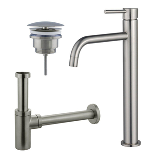 FortiFura Calvi Slim Kit mitigeur lavabo - robinet rehaussé - bonde nonobturable - siphon design - PVD Inox brossé