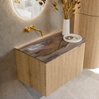 MONDIAZ KURVE-DLUX 75cm badmeubel ronding Rechts kleur Oak met 1 lade en 1 deur. Wastafel GRUNNE Links zonder kraangat Sombra.