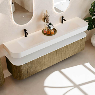 MONDIAZ THOR 200cm meuble de salle de bains arrondi gauche + droite couleur Dusk avec 2 tiroirs et 2 portes. Vasque suspendue CLOUD Double 2 trous de robinet couleur Talc.