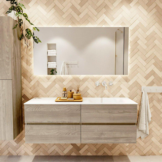 Mondiaz VICA ensemble de meuble de salle de bain - 140cm - meuble sous-vasque marron clair gris - 4 tiroirs - lavabo cloud droite - sans trous de robinet - version haute de 60cm - talc