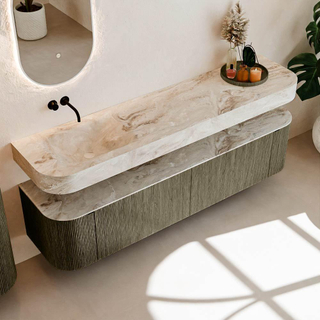 MONDIAZ THOR-DLUX 190cm meuble de salle de bains arrondi gauche + droite couleur Shadow avec 2 tiroirs et 2 portes. Vasque suspendue CLOUD gauche sans trou de robinet couleur Frappe.