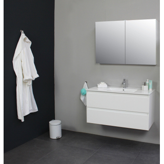 Basic Bella Meuble avec lavabo en porcelaine 1 trou de robinet 100x55x46cm avec armoire toilette à 2 portes gris Blanc brillant