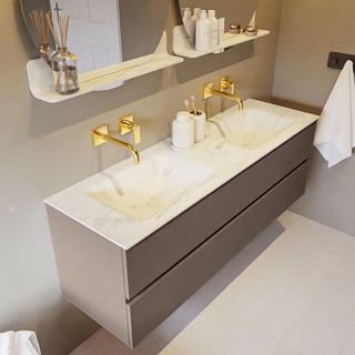 Mondiaz VICA-DLUX ensemble de meuble de salle de bain - 150cm - meuble sous-vasque fumée - 2 tiroirs - lavabo encastré nuage double - sans trous de robinet - version haute 60cm - opalo