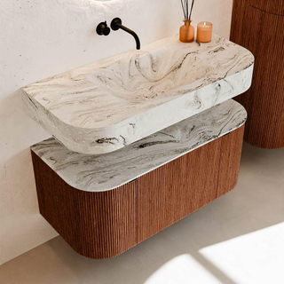 MONDIAZ THOR-DLUX 100cm meuble de salle de bains arrondi gauche + droite couleur Ruby avec 1 tiroir et 2 portes. Vasque suspendue CLOUD Milieu sans trou de robinet couleur Glace.