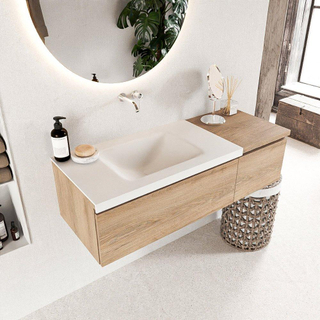 MONDIAZ BUKLA 120cm badmeubel met module 40 kleur Washed Oak met 2 lades. Wastafel CLOUD links 0 kraangaten kleur Talc.