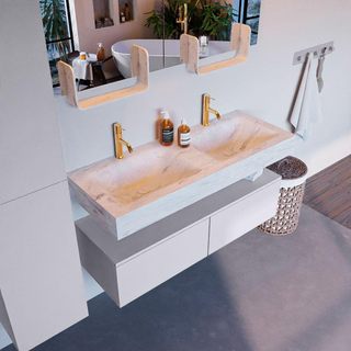 Mondiaz ALAN-DLUX Ensemble de meuble - 120cm - meuble Cale mat - 2 tiroirs - Lavabo Cloud Opalo suspendu - vasque Gauche et droite - 2 trous de robinet