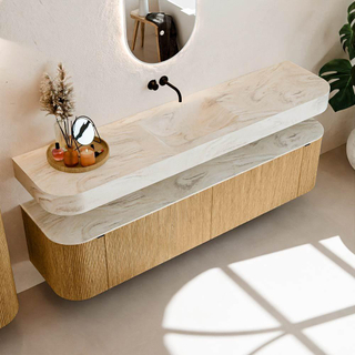 MONDIAZ THOR-DLUX Meuble de salle de bains 190cm arrondi gauche + droite couleur Oak avec 2 tiroirs et 2 portes. Vasque suspendue CLOUD Milieu sans trou de robinet couleur Ostra.