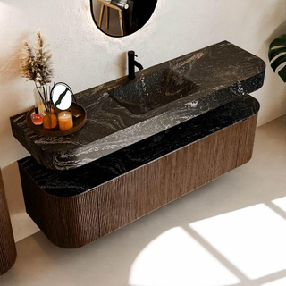 MONDIAZ THOR-DLUX 160cm meuble de salle de bains arrondi gauche + droite couleur Walnut avec 1 tiroir et 2 portes. Vasque suspendue CLOUD Milieu 1 trou de robinet couleur Lava.