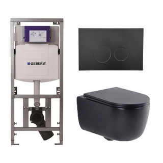 QeramiQ Dely Swirl Toiletset - 36.3x51.7cm - Geberit UP320 inbouwreservoir - met Burda frame - slim zitting - mat zwarte metalen bedieningsplaat - ronde knoppen - mat zwart