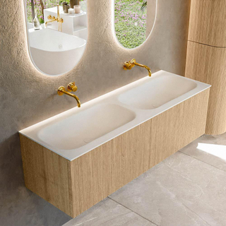 MONDIAZ KURVE 140cm Meuble salle de bain - couleur Oak - 2 tiroirs - vasque BIG SMALL double - sans trous de robinet - Talc