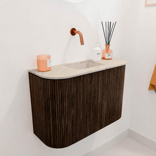 Mondiaz JOYA-DLUX Meuble de toilette 63,2cm - arrondis gauche et droite couleur Noyer - Vasque FAYE position Milieu Sans trou de robinet couleur Frappe