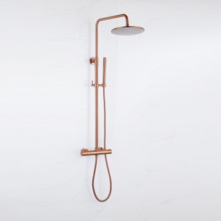 Fortifura Calvi Regendoucheset - thermostatisch - 25cm hoofddouche - metalen slang - staaf handdouche - Geborsteld koper PVD (Koper)