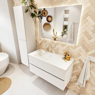 MONDIAZ VICA meuble sous lavabo 100cm Talc 2 tiroirs. Lavabo CLOUD gauche 1 trou de robinet, couleur Talc.