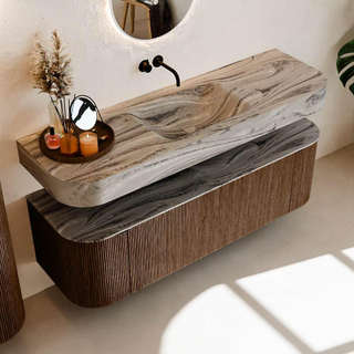 MONDIAZ THOR-DLUX 150cm meuble de salle de bains arrondi gauche + droite couleur Walnut avec 1 tiroir et 2 portes. Vasque suspendue CLOUD Milieu sans trou de robinet couleur Sombra.