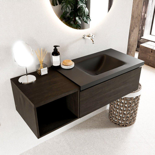 MONDIAZ BUKLA 120cm badmeubel met open module 40 kleur Dark Brown met 1 lade. Wastafel CLOUD rechts 0 kraangaten kleur Urban.