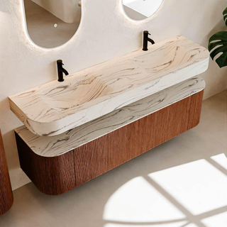 MONDIAZ THOR-DLUX 170cm meuble de salle de bains arrondi gauche + droite couleur Ruby avec 1 tiroir et 2 portes. Vasque suspendue CLOUD Double 2 trous de robinet couleur Nata.