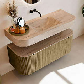 MONDIAZ THOR-DLUX 120cm meuble de salle de bains arrondi gauche + droite couleur Dusk avec 1 tiroir et 2 portes. Vasque suspendue CLOUD Milieu sans trou de robinet couleur Saba.