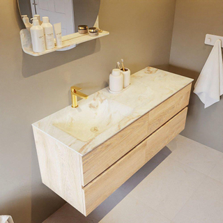 Mondiaz VICA-DLUX Ensemble de meuble de salle de bain - 130cm - meuble sous-vasque chêne blanchi - 4 tiroirs - lavabo encastré cloud gauche - 1 trou de robinet - version haute de 60cm - frape