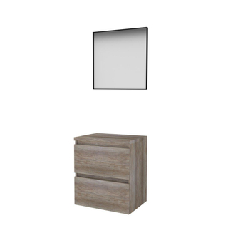 Basic-Line ensemble de meubles de salle de bain 60x46cm sans poignée 2 tiroirs plan vasque miroir cadre aluminium noir mat tout autour mfc scotch oak