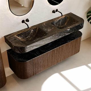 MONDIAZ THOR-DLUX 150cm meuble de salle de bains arrondi gauche + droite couleur Walnut avec 1 tiroir et 2 portes. Vasque suspendue CLOUD Double sans trou de robinet couleur Lava.