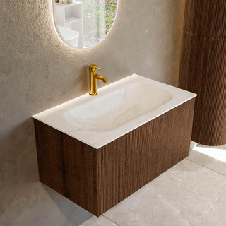MONDIAZ KURVE-DLUX 80cm Meuble salle de bain - couleur Walnut - 1 tiroir - vasque BIG SMALL centre - 1 trou de robinet - couleur Ostra