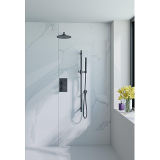 Fortifura Calvi Ensemble de douche pluie encastrable - thermostatique - bras mural - pommeau 25cm - barre curseur - douchette stick - flexible en métal - Noir mat