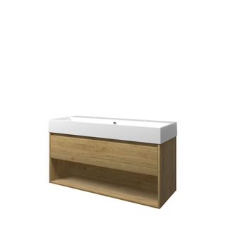 Proline loft ensemble de meubles de salle de bains 120x46x62cm meuble avec étagère idéal en chêne avec 2 trous pour robinetterie porcelaine blanc brillant