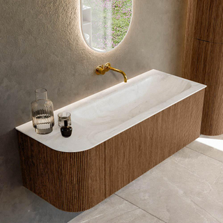 MONDIAZ KURVE-DLUX 125cm Meuble salle de bain avec module 25 G - couleur Walnut - 1 tiroir - 1 porte - vasque BIG MEDIUM droite - sans trou de robinet - couleur Ostra