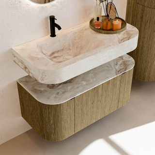 MONDIAZ THOR-DLUX 100cm meuble de salle de bains arrondi gauche + droite couleur Dusk avec 1 tiroir et 2 portes. Vasque suspendue CLOUD Gauche 1 trou de robinet couleur Frappe.