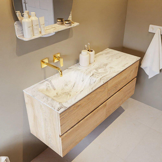 Mondiaz VICA-DLUX ensemble de meuble de salle de bain - 130cm - meuble sous-vasque chêne blanchi - 4 tiroirs - lavabo encastré cloud gauche - sans trous de robinet - version haute de 60cm - glace