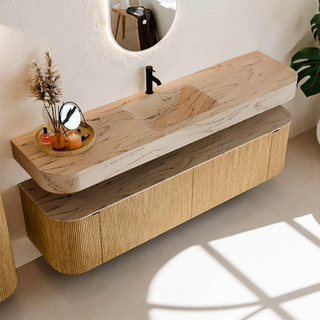 MONDIAZ THOR-DLUX Meuble de salle de bains - 180cm - arrondi gauche + droite - couleur Oak - 2 tiroirs - 2 portes - Vasque suspendue CLOUD Milieu 1 trou de robinet - couleur Arena