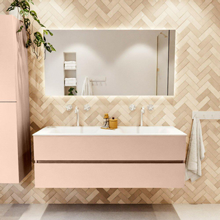Mondiaz VICA Ensemble de meuble de salle de bain - 140cm - meuble sous vasque rosee - 2 tiroirs - lavabo cloud double - 2 trous de robinet - version haute de 60cm - talc