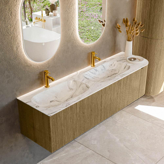 Mondiaz KURVE-DLUX Badkamermeubelset - 165x46x40cm - 2 lade - 1 deur - wastafel solid surface - dubbel / links - 2 kraangaten - Dusk